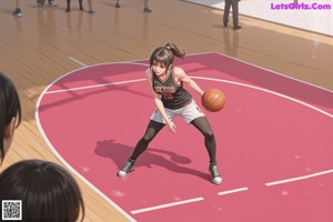 A girl in a cheerleading uniform holding a basketball.