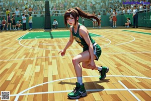 A woman in a basketball uniform holding a basketball on a court.