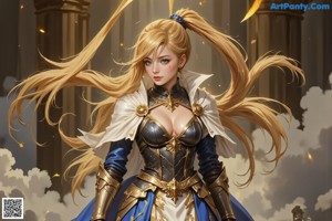A woman with blonde hair and blue eyes holding a sword.