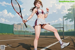 A woman holding a tennis racket on a tennis court.