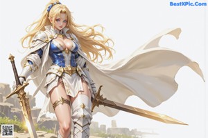 A woman in a blue dress holding a sword.