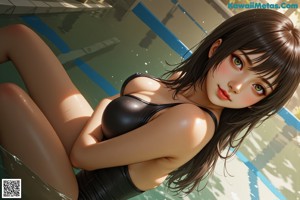 A woman in a bikini standing next to a swimming pool.
