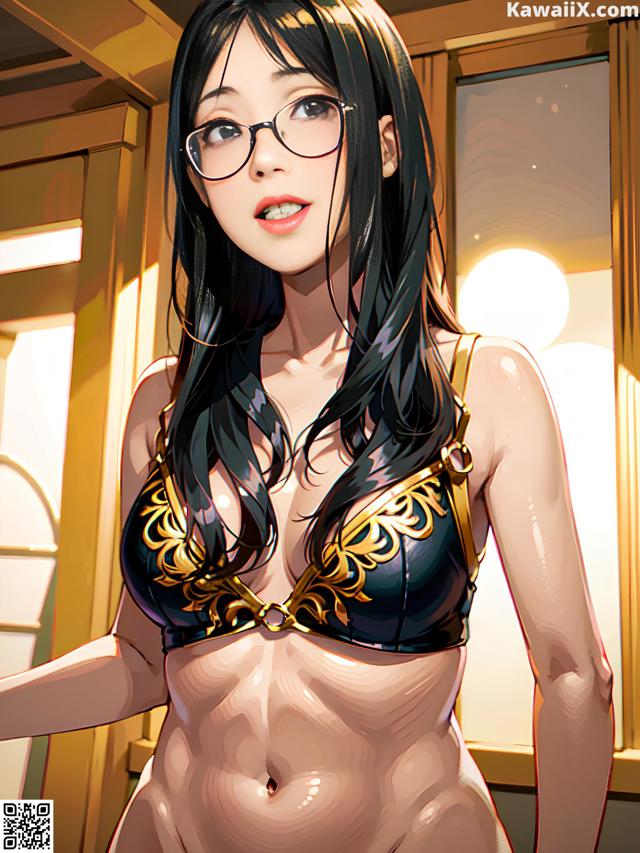 A woman in a bikini and glasses posing for a picture.