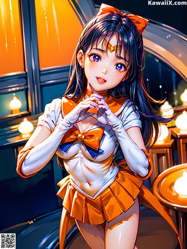 A girl in a sailor outfit standing in front of a window.