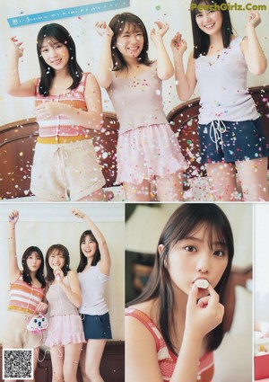 Three young women sitting on a bed eating food.