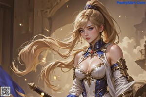 A woman with long blonde hair wearing a white and gold outfit.