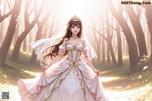 A woman in a wedding dress standing in the woods.