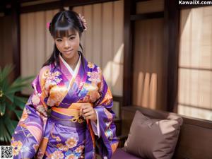 A woman in a blue kimono posing for a picture.