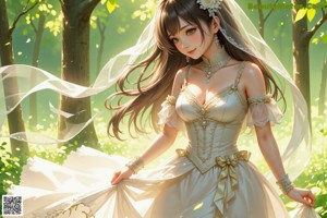 A woman in a wedding dress standing next to a tree.