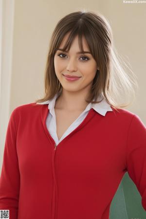 A woman in a white top and jeans posing for a picture.