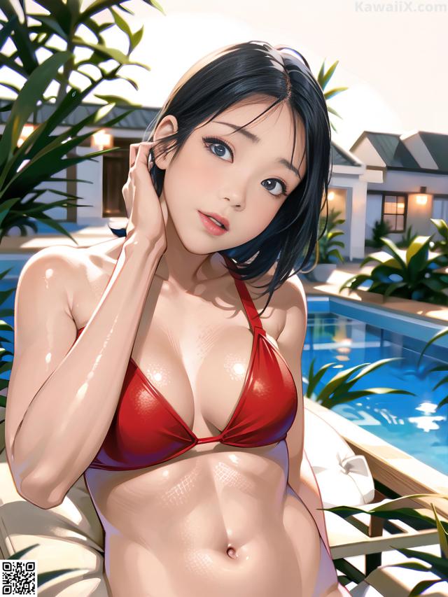 A woman in a red bikini sitting by a pool.