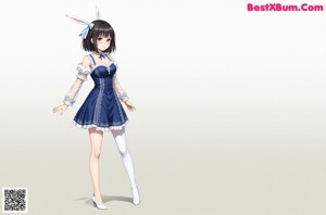 A woman in a blue corset and white stockings posing for a picture.