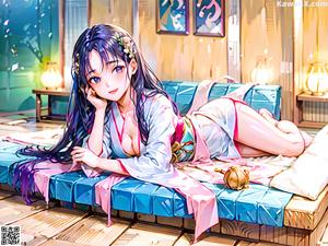 A woman in a pink kimono sitting on a wooden bench.