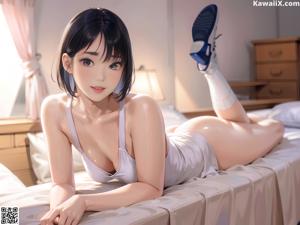 A woman in a white shirt and blue skirt sitting on a bed.