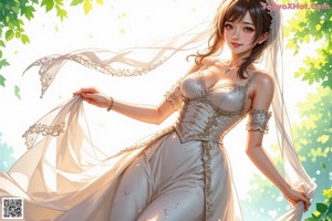 A woman in a wedding dress walking through a forest.