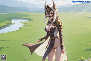 A woman in a mask and leather outfit holding a sword.