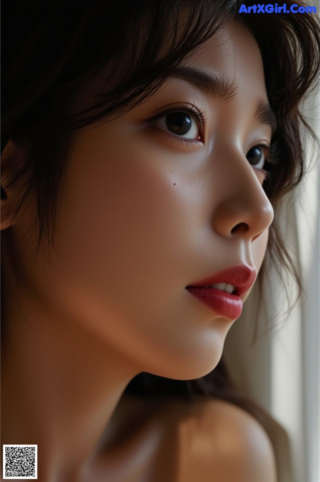 A close up of a woman's face looking out a window.