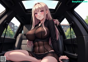 A woman in a black lingerie sitting on a chair.
