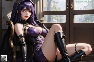 A woman in a purple outfit sitting on a couch.