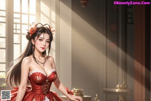 A woman in a red and white dress sitting on a window sill.
