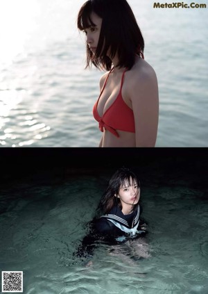 A woman in a red bikini laying on the beach.