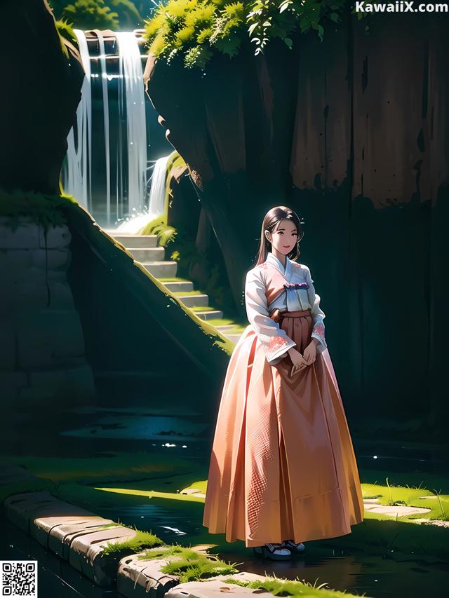 A woman in a long dress standing in front of a waterfall.