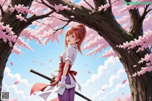 A woman in a red and purple outfit holds a sword, standing outdoors near a traditional building.