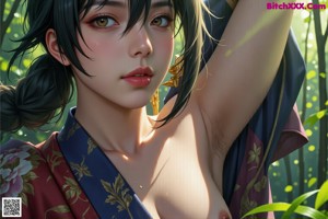 A woman in a kimono sitting on a log in the woods.