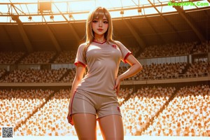 A woman in a black shirt and shorts standing next to a soccer ball.