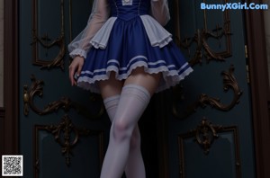 a woman in a blue and white dress and stockings