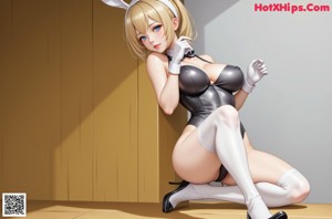 A woman in a bunny costume sitting on a bed with a glass of wine.