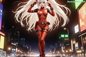 A woman in a red latex outfit is posing in the middle of a city.