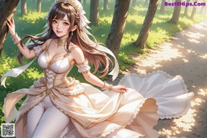 A woman in a wedding dress standing in a forest.