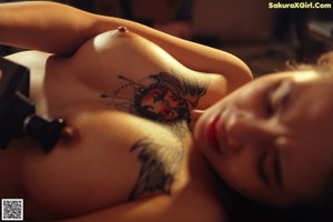 A woman laying on a bed with a hair dryer on her back.
