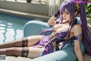 A woman in a purple dress sitting on a chair.