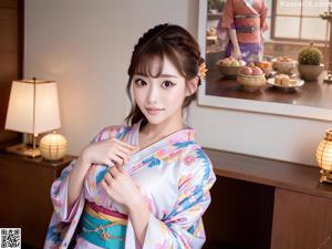 A woman in a kimono sitting on a wooden bench.