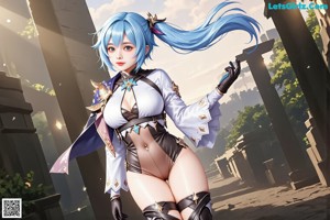 A woman with blue hair wearing a black and white outfit.