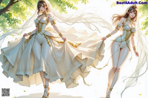 a woman in a wedding dress standing in the woods