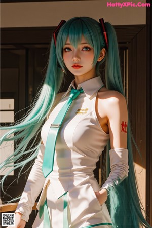 A woman with green hair wearing a green tie.