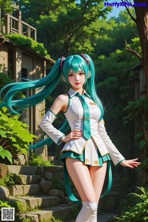 A woman with long blue hair sitting on a ledge.