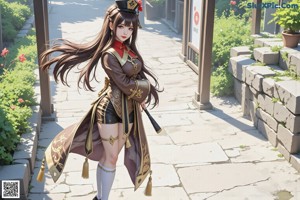 A woman in a chinese dress with long hair and a hat.