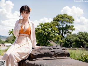 A woman in a long dress and a yellow kimono posing for a picture.