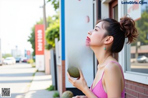 A woman in a pink bikini and sunglasses sticking out her tongue.