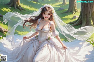 A woman in a wedding dress with a veil and a flower crown.