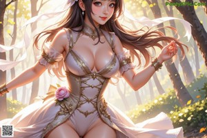 a woman in a wedding dress standing in the woods