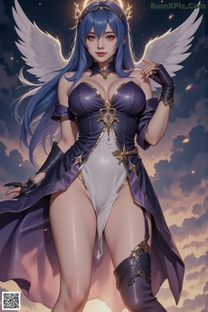 A woman with long blue hair wearing a white dress and blue heels.
