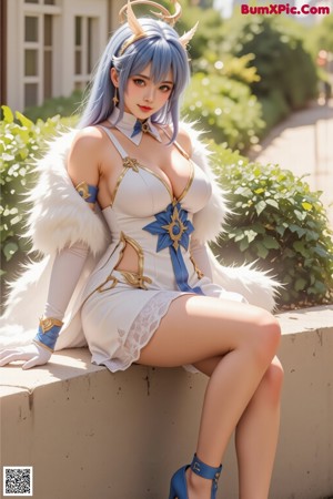 a sexy anime girl with blue hair and a white dress