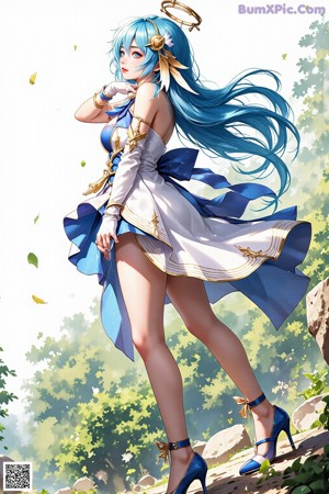 A woman dressed in a blue and white outfit with angel wings.