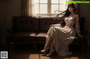 A woman in a white dress sitting on a red couch.
