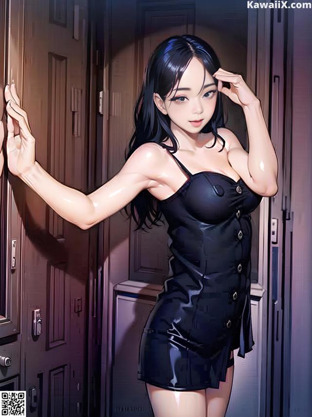A woman in a black dress standing in front of a door.